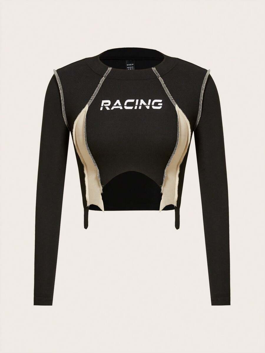 SHEIN ICON Letter Graphic Top-stitching Asymmetrical Hem Crop Tee - Apricot - View 1