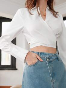 Surplice cổ Áo sơ mi Crop - Màu be - Xem 6