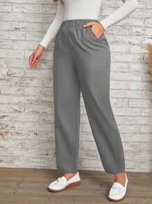 SHEIN LUNE Pantalones unicolor con bolsillo oblicuo - Gris Oscuro - Ver 5