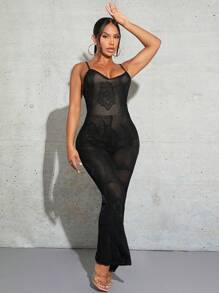 SHEIN SXY Mô hình hoa Lưới Bộ áo liền quần Cami - màu đen - Xem 5