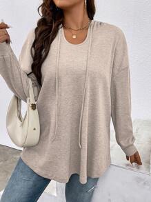 SHEIN LUNE 大碼落肩袖抽繩連帽衛衣 - 杏色 - 查看 3