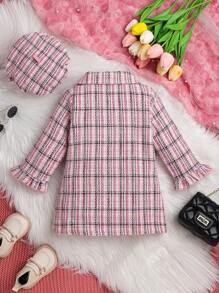 Baby Girl Plaid Print Ruffle Trim Double Breasted Overcoat & Hat - Pink - View 2