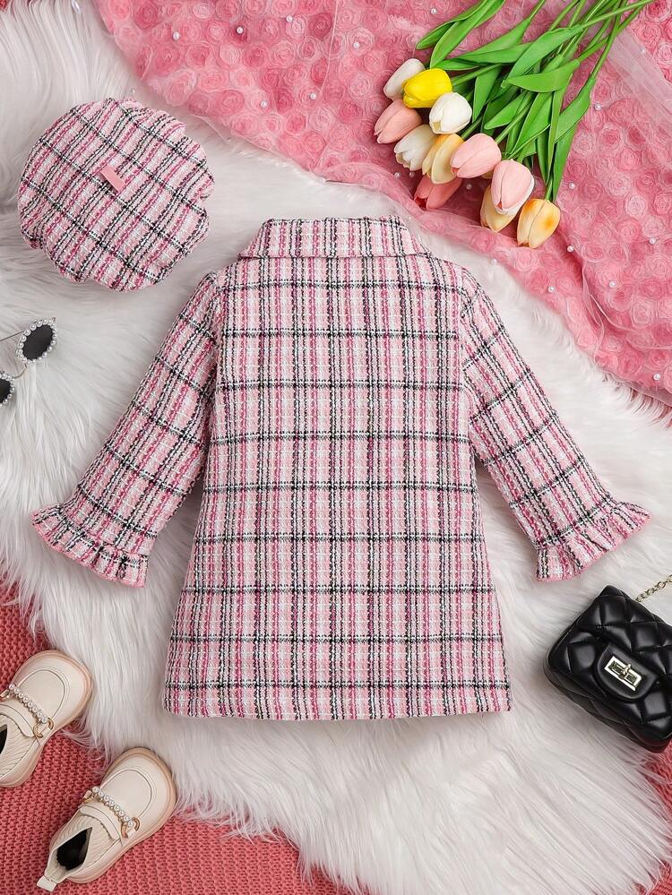 Baby Girl Plaid Print Ruffle Trim Double Breasted Overcoat & Hat