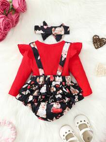 女嬰卡通圖案荷葉邊前蝴蝶結二合一連身背心＆ 頭巾 - 彩色 - 查看 2