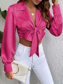 SHEIN Unity Tie Trước Cổ áo Mùa vụ Xa ten Áo sơ mi - Màu Hồng Tươi - Xem 3