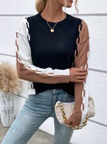 SHEIN LUNE Colorblock Drop Shoulder Sweater - Multicolor - View 1