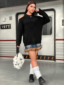 Flirla 大碼挖肩插肩袖套頭毛衣 - 黑色 - 查看 5