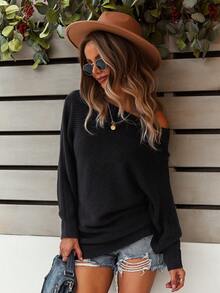SHEIN VCAY Solid Batwing Sleeve Sweater - Black - View 5