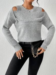 SHEIN Essnce 前鏤空落肩袖套頭毛衣 - 灰色 - 查看 4