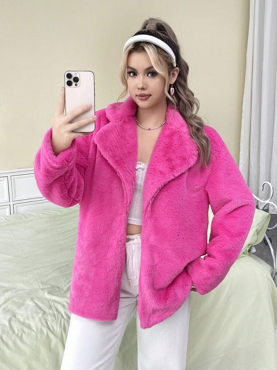 SHEIN EZwear Lapel Neck Open Front Fuzzy Coat - Hot Pink - View 1