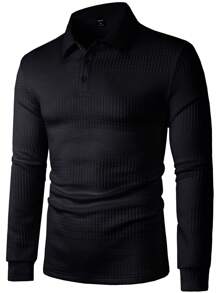 Manfinity Mode Men Solid Textured Polo Shirt, Fall, Long Sleeve Top - Black - View 3