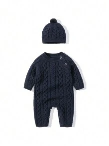 Bebé niño con diseño de botón tejido de cable Mono & Sombrero - azul real - Ver 1