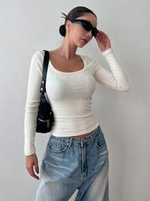 DAZY Áo thun cổ tròn trơn, quần áo mùa thu tay dài cho nữ - Màu be - Xem 5