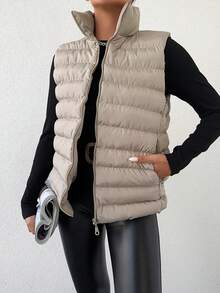 EURMUSE 拉鏈開襟羽絨背心大衣 - 米色 - 查看 4