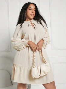 SHEIN CURVE+ Vestido De Talla Grande Con Cuello Anudado, Manga Acampanada, Cruzado Y Dobladillo Con Volantes Para Mujer - Albaricoque - Ver 3