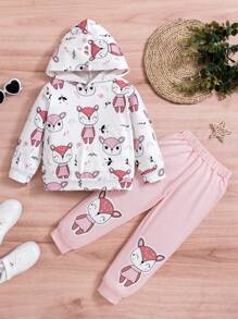 SHEIN Young Girl Cartoon Print Hoodie & Sweatpants - Pink - View 1