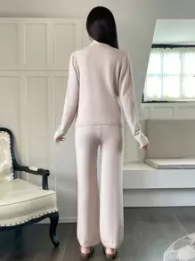 SHEIN Unity Chất rắn Bọc Áo len & Quần dệt kim - Màu be - Xem 2