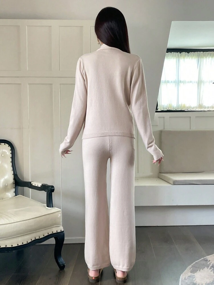 Solid Wrap Sweater & Knit Pants Fall Cloth For Women
