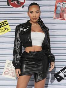 SHEIN SXY 腰部折疊不對稱下擺PU皮革包臀半身裙 - 黑色 - 查看 6