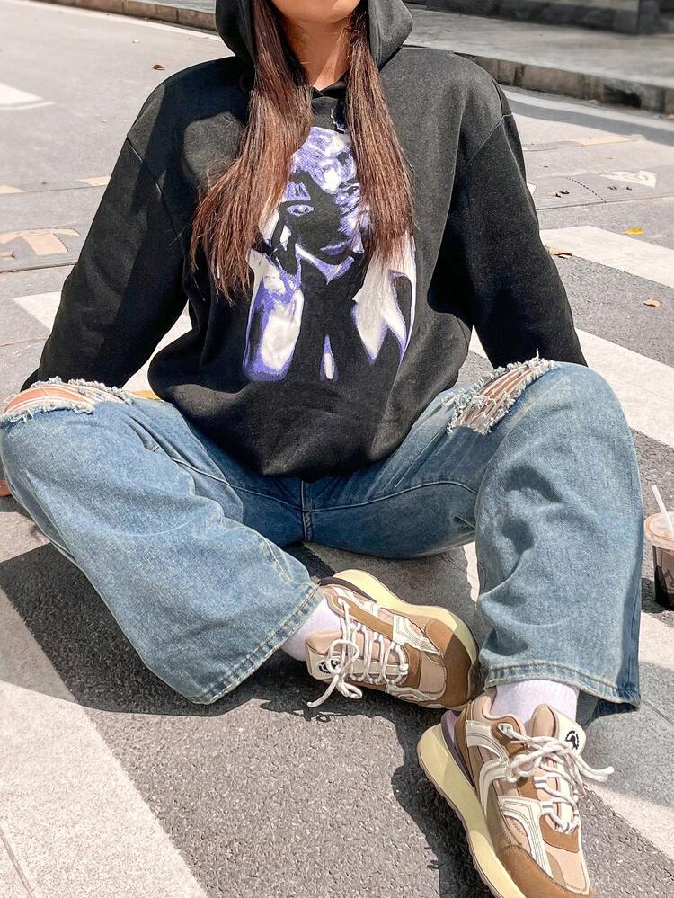 Plus Size Figure Print Drop Shoulder Drawstring Sweatshirt Pullover Fall Sweatshirt