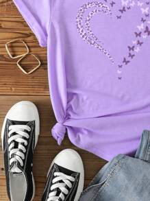 INAWLY Áo thun họa tiết bướm và báo cỡ lớn cho mùa hè - Màu tím hoa cà - Xem 6