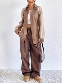 SHEIN EZwear 字母圖案插肩袖夾克 - 咖啡棕 - 查看 3