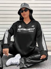 SHEIN EZwear 大碼字母圖案拼接側邊接縫落肩袖運動衫 - 黑色 - 查看 1
