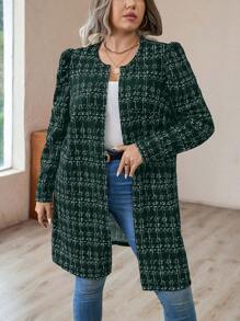 SHEIN Clasi 大尺碼方格印花泡泡袖夾克 - 墨綠色 - 查看 5