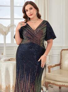 Plus Surplice Neck Sequin Formal Dress Elegant Prom Evening Wedding Guest Gown, For Graduation, Dinner - 藏蓝色 - 查看 4