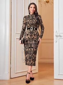 Modelyn 印花小高領緊身洋裝不附腰帶 - 杏色 - 查看 4