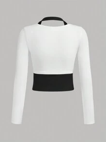 SHEIN Chica adolescente Camiseta 2 en 1 de dos tonos con botón delantero de cuello halter