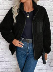 SHEIN LUNE 秋冬季拉链落肩泰迪熊外套，休闲款 - 黑色 - 查看 6