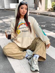 Flirla Plus Letter & Cartoon Graphic Kangaroo Pocket Drop Shoulder Drawstring Hoodie - Apricot - View 5