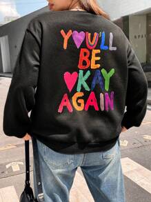 Flirla Plus Heart & Slogan Graphic Drop Shoulder Sweatshirt Pullover Fall Sweatshirt - Black - View 4
