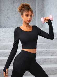 SHEIN 青少年女孩素色交叉露背拇指孔短款T恤 - 黑色 - 查看 3