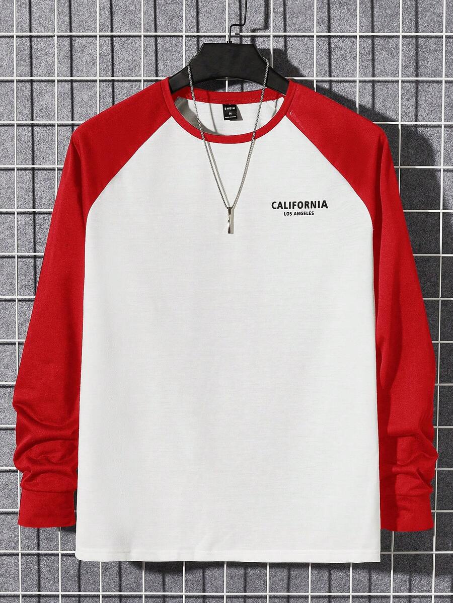 GENTILAND 男士字母圖案撞色插肩袖T恤 - 紅白色 - 查看 1