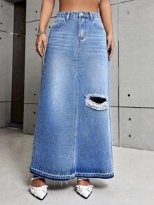 SHEIN ICON Falda en mezclilla ribete crudo desgarro con bolsillo oblicuo - Lavado ligero - Ver 5