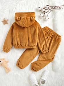女小童3D耳朵設計毛茸茸連帽衫和褲子 - 巧克力棕 - 查看 2