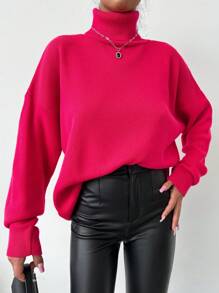 EURMUSE Turtleneck Drop Shoulder Sweater - Pink - View 4