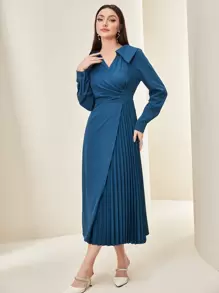 Modelyn 素色百褶細節前圍裹洋裝 - 藏蓝色 - 查看 4