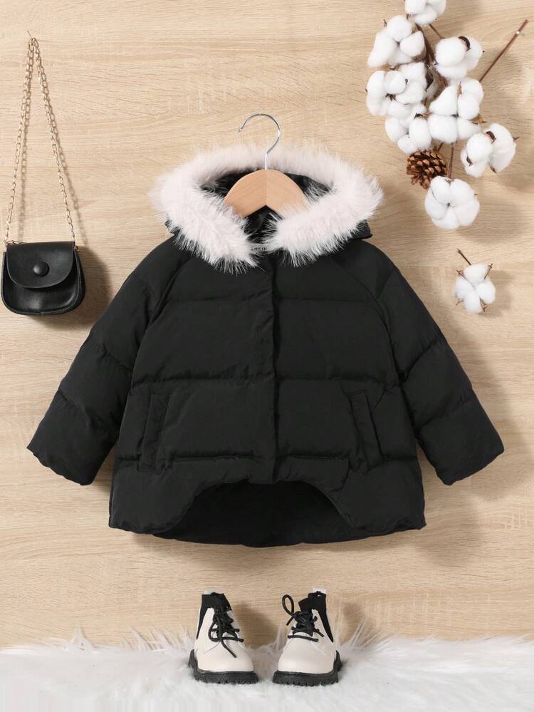 Baby Girl Fuzzy Trim Hooded Padded Coat Without Tee