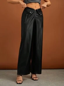 SHEIN Tall Gập eo Dây kéo bay chất liệu da PU Quần ống rộng - màu đen - Xem 5