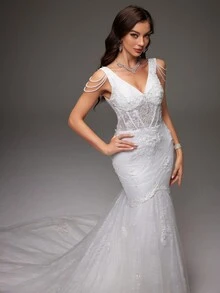 Vestido Formal De Cola De Sirena Con Encaje Y Espalda Baja - Blanco - Ver 6