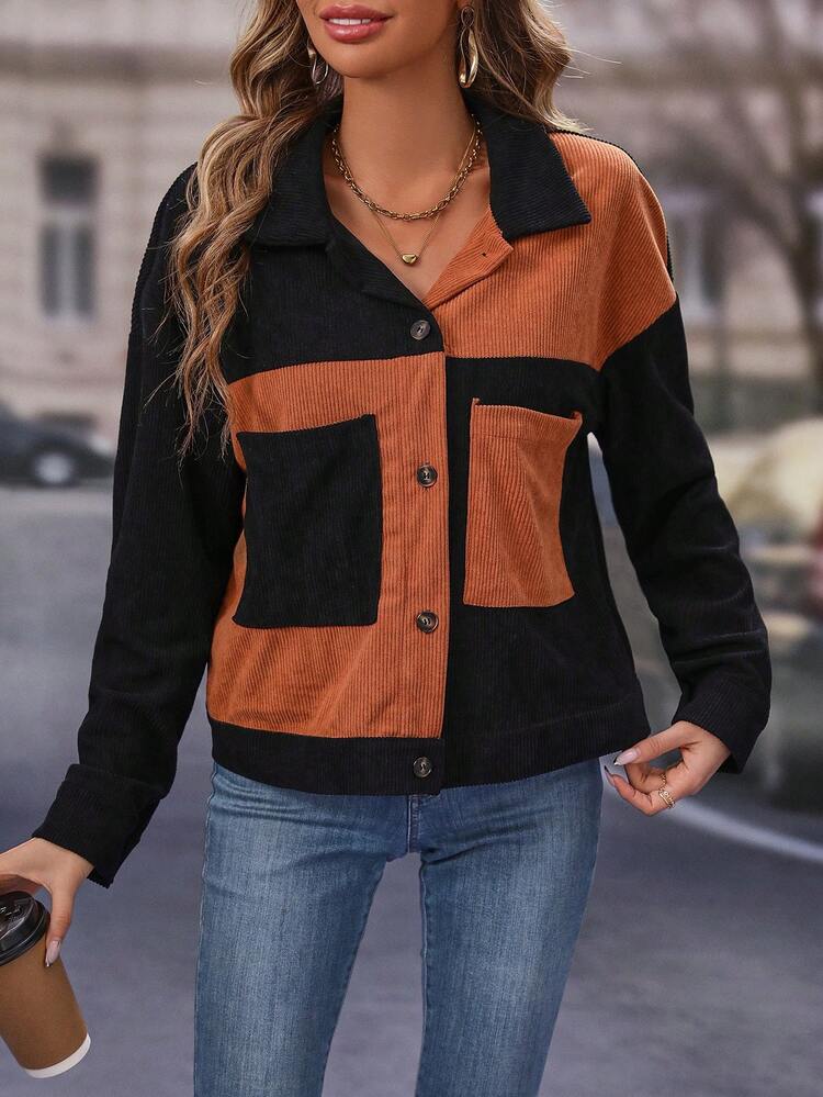Two Tone Drop Shoulder Pocket Patched Corduroy Jacket