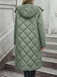 SHEIN LUNE 女士菱形格纹缝线螺纹连帽加厚棉服外套冬季 - 橄欖綠 - 查看 2