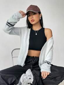 SHEIN Unity Sọc trang trí Thả vai Áo len Duster - Xám - Xem 3