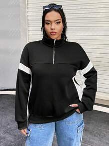 SHEIN EZwear Plus Sweat-shirt À Blocs De Couleurs Zippé Épaule tombante