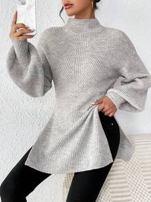 SHEIN Frenchy 小高領落肩袖下擺開叉套頭毛衣 - 灰色 - 查看 3