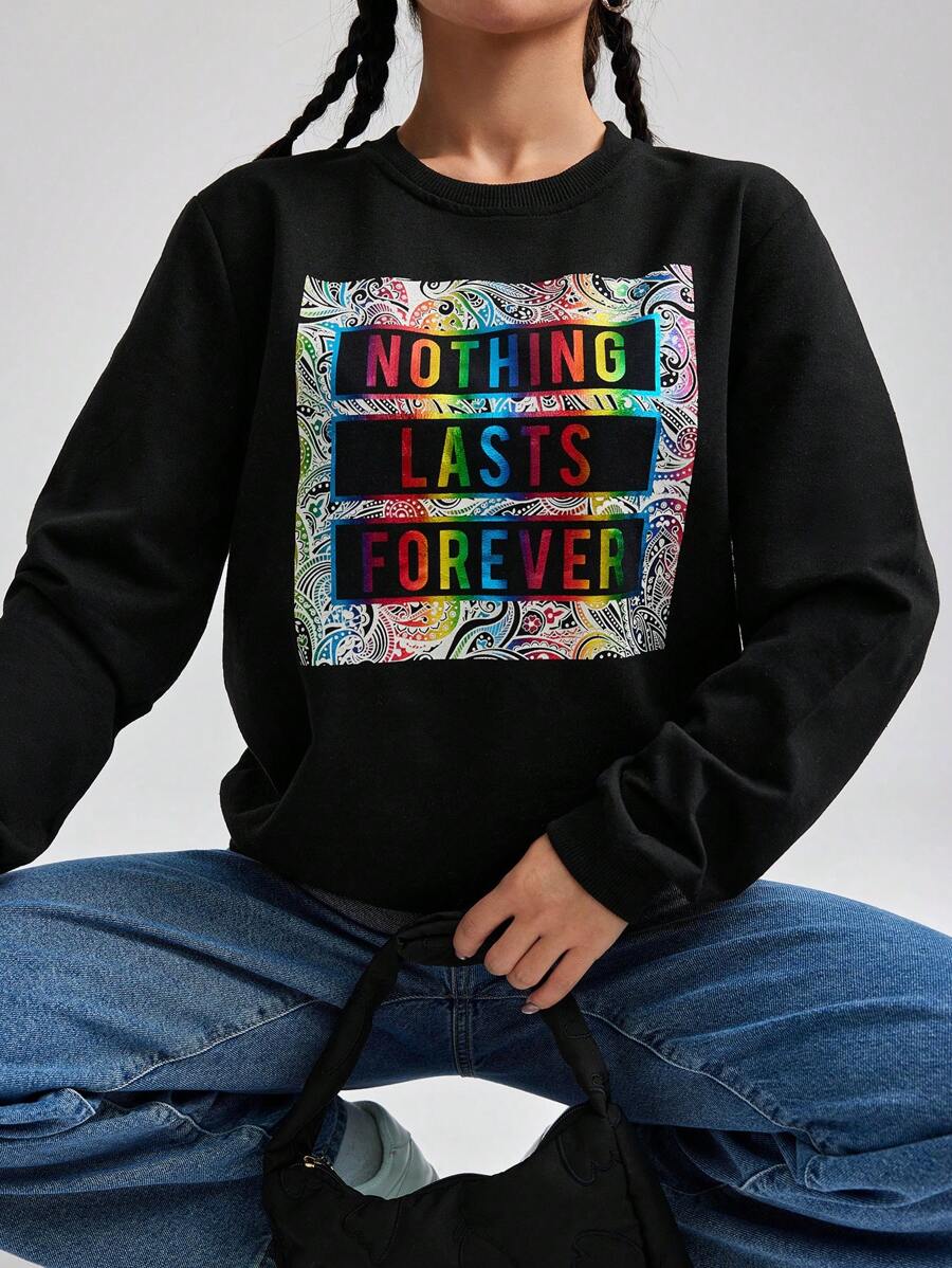 RueChic Slogan Graphic Sweatshirt - Black - View 1