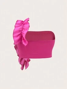 Flirla Hơn Một bờ vai Viền Ruffle Top Cây trồng - Màu Hồng Tươi - Xem 6